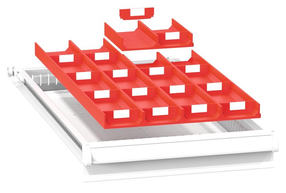 Einteilungsmaterial-Set aus Kunst., 28 x 2-teilige Mulden, 153x153x28 mm, 56 Trenneinsätze, Muldenbreite 70 mm, passend für Schublade BxT 1190x780 mm