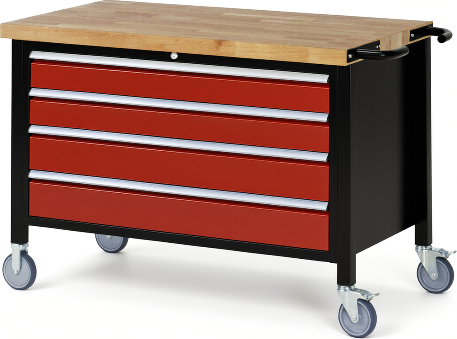 RAU Werkbank schwarz - rot - Breite 125 cm - Tiefe 70 cm - Höhe 108 cm - Buche-Massiv Arbeitsplatte 40 mm