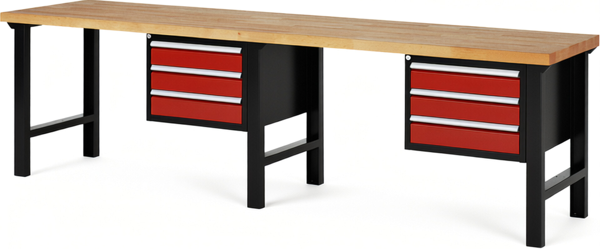 RAU Werkbank schwarz - rot - Breite 300 cm - Tiefe 70 cm - Höhe 84 cm - Buche-Massiv Arbeitsplatte 40 mm