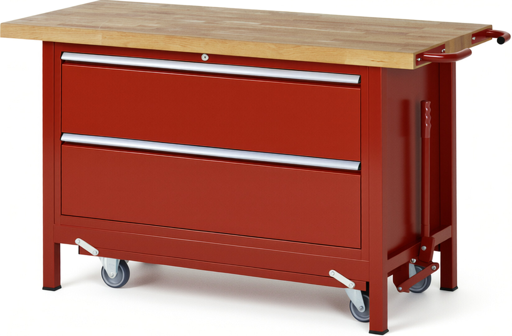 Absenkbare Werkbank Modell 8355 rot, BxTxH 1500x700x880 mm,  Buche-Massiv Arbeitsplatte 40 mm,  2 Schubladen mit  Auszug 90 %