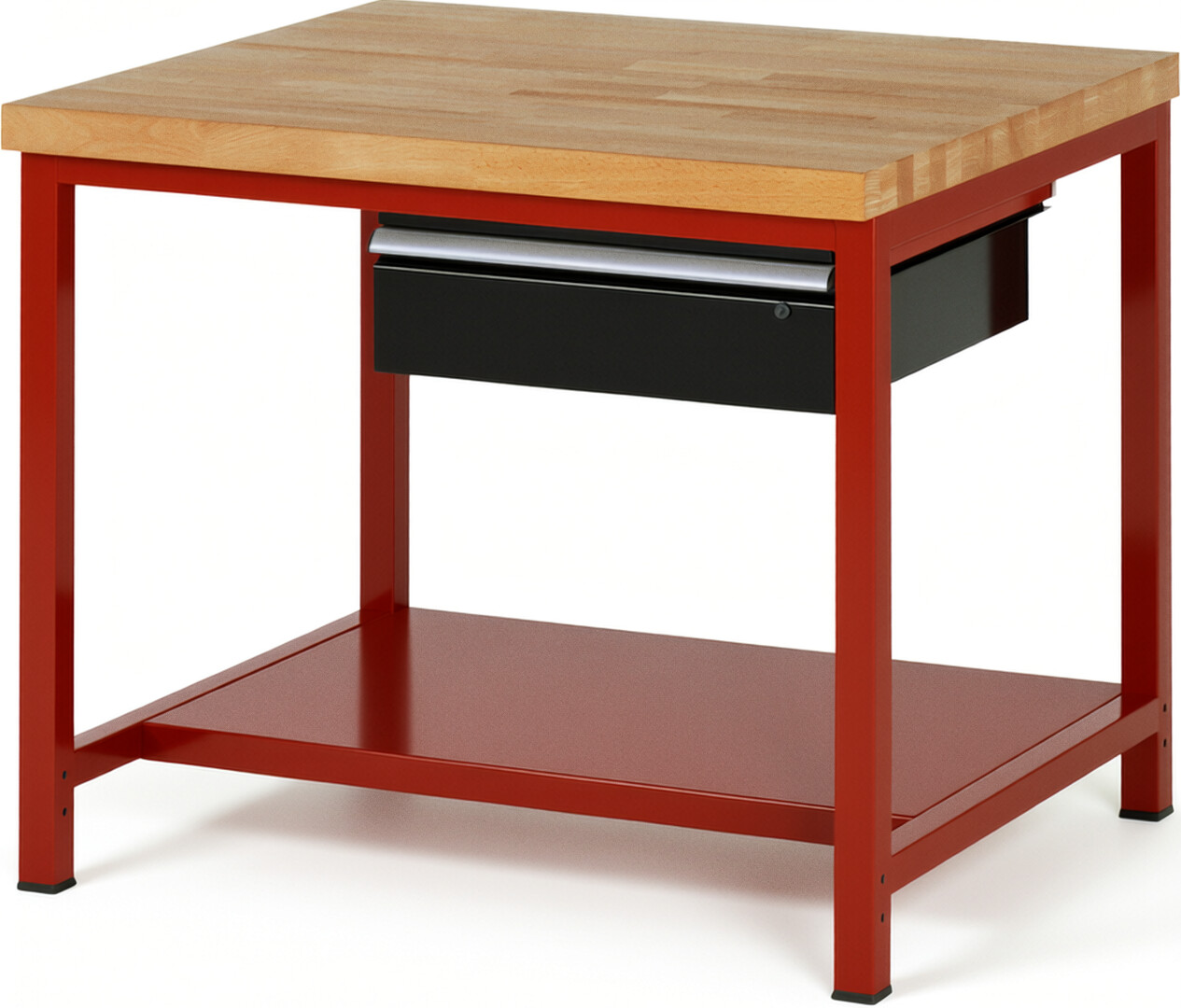 Werkbank Modell 8001 rot - schwarz, BxTxH 1000x900x840-1040 mm,  Buche-Massiv Arbeitsplatte 40 mm,  1 Schublade mit  Auszug 90 %
