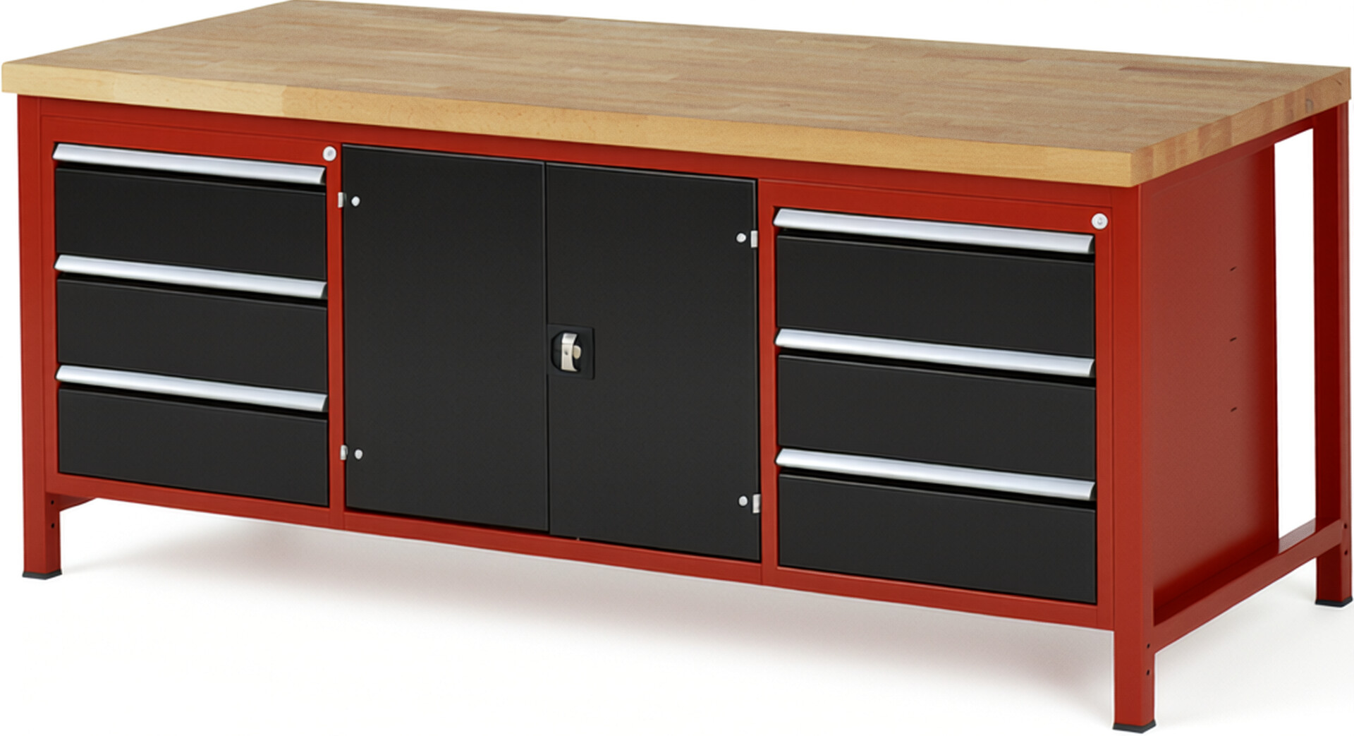 Werkbank Modell 8907 rot - schwarz, BxTxH 2000x900x840-1040 mm,  Buche-Massiv Arbeitsplatte 40 mm,  6 Schubladen mit  Vollauszug 100 % und  SoftClosing