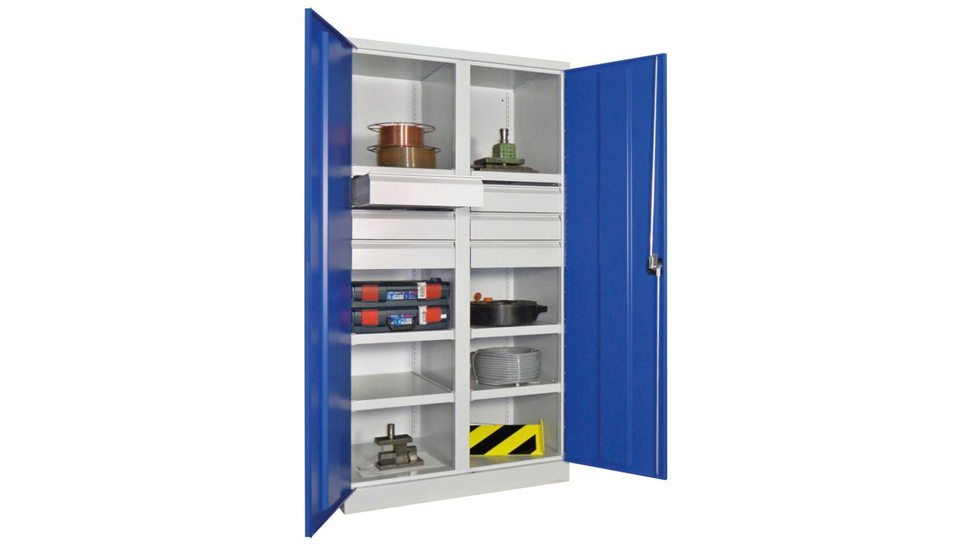 Schwerlastschrank - Vollblechtüren - Trennwand - 6 Böden - 6 Schubladen, 125 mm - 1.950x1.040x630 mm (HxBxT) - lichtgrau/enzianblau