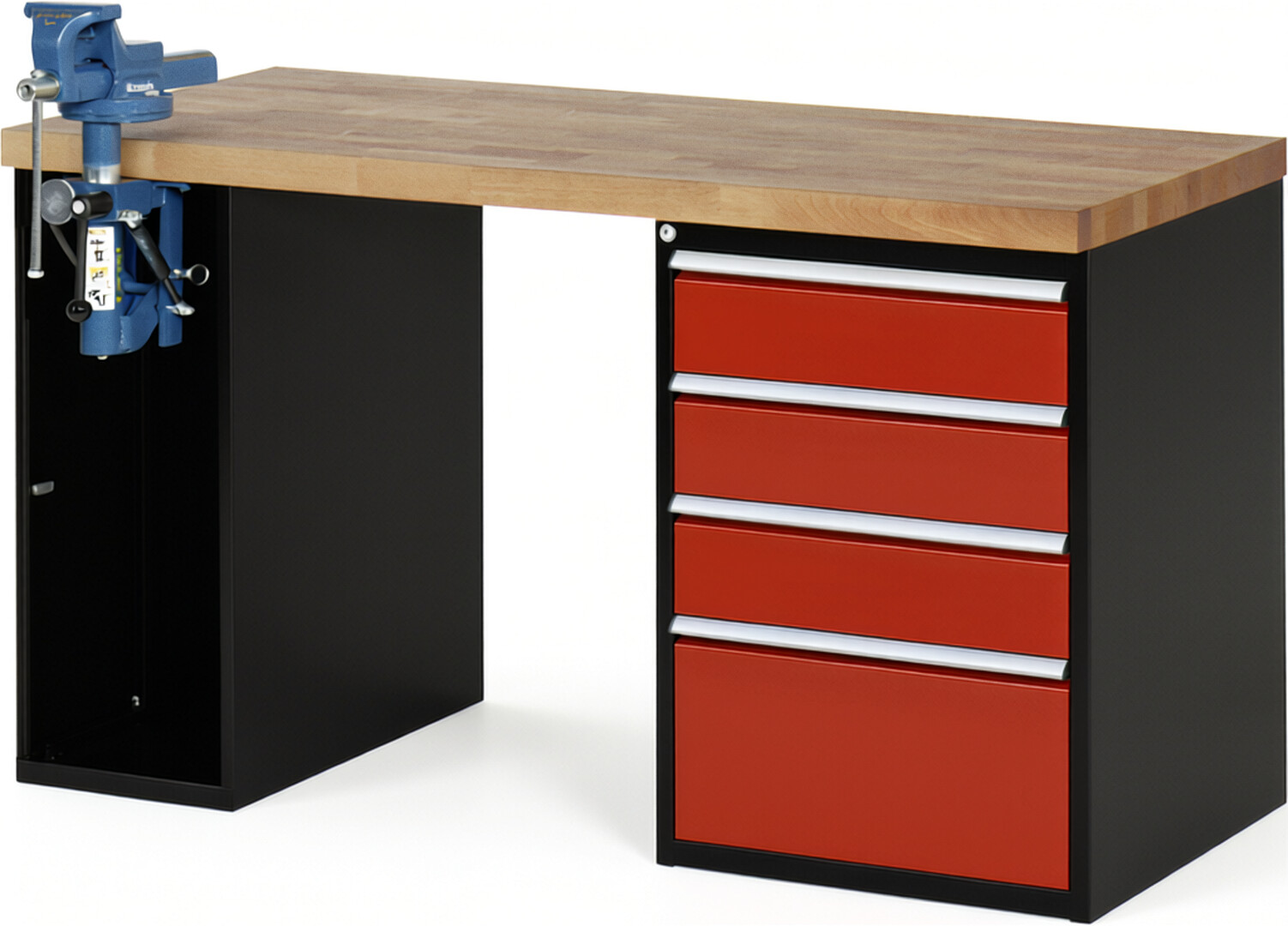 RAU Werkbank schwarz - rot - Breite 150 cm - Tiefe 70 cm - Höhe 89 cm - Buche-Massiv Arbeitsplatte 40 mm