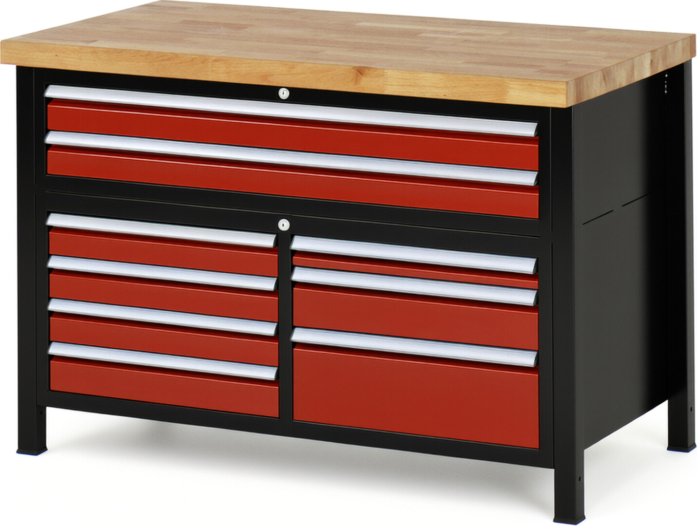 RAU Werkbank schwarz - rot - Breite 125 cm - Tiefe 70 cm - Höhe 104 cm - Buche-Massiv Arbeitsplatte 40 mm