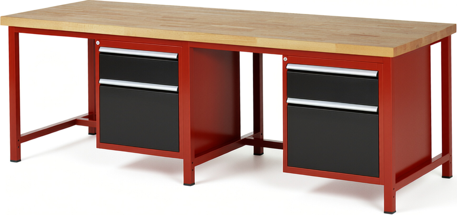 Werkbank Modell 8156 rot - schwarz, BxTxH 2500x900x840 mm,  Buche-Massiv Arbeitsplatte 40 mm,  4 Schubladen mit  Auszug 90 %