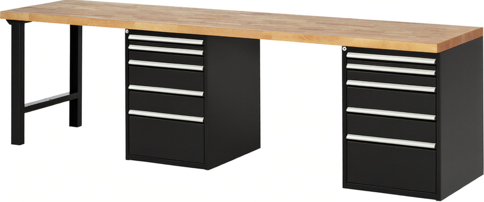 RAU Werkbank schwarz - Breite 300 cm - Tiefe 70 cm - Höhe 89 cm - Buche-Massiv Arbeitsplatte 40 mm