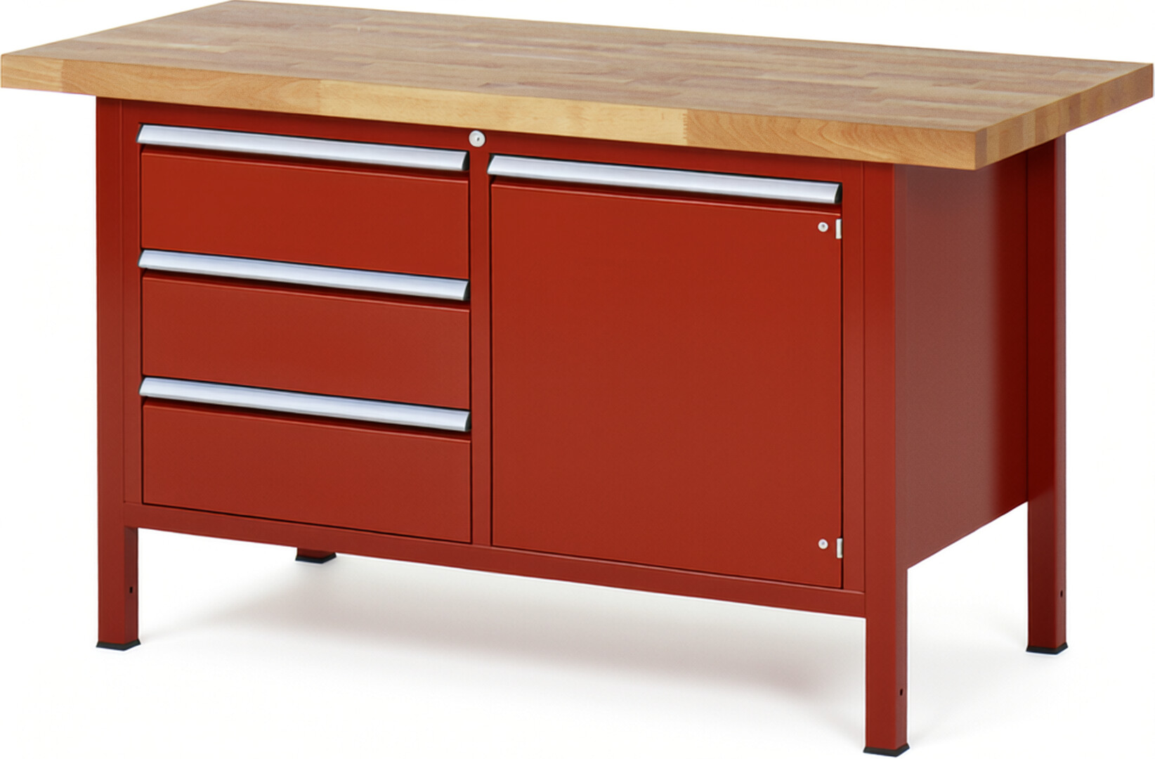 Werkbank Modell 8468 rot, BxTxH 1500x700x840-1040 mm,  Buche-Massiv Arbeitsplatte 40 mm,  3 Schubladen mit  Auszug 90 %