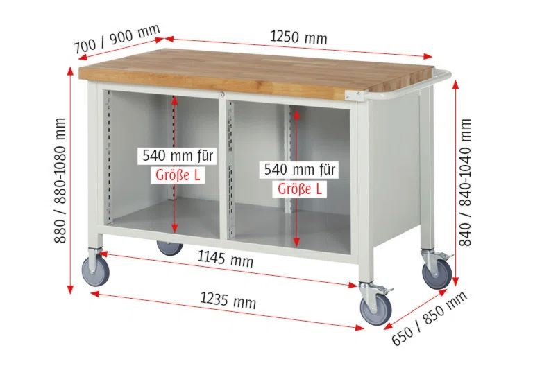 Fahrbare Werkbank Modell 8462 rot - schwarz, BxTxH 1250x700x880 mm,  Buche-Massiv Arbeitsplatte 40 mm,  3 Schubladen mit  Auszug 90 %