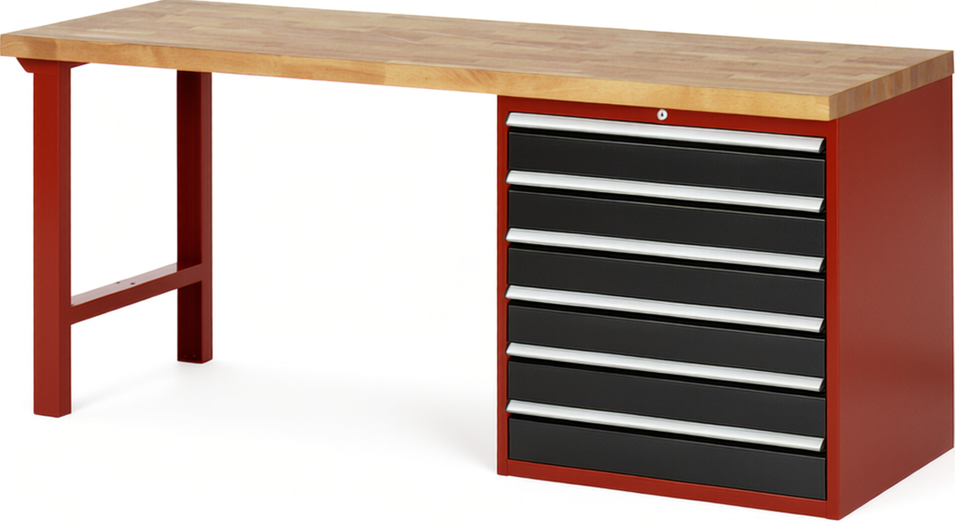 Werkbank Modell 7616 rot - schwarz, BxTxH 2000x700x840 mm,  Buche-Massiv Arbeitsplatte 40 mm,  6 Schubladen mit  Auszug 90 %