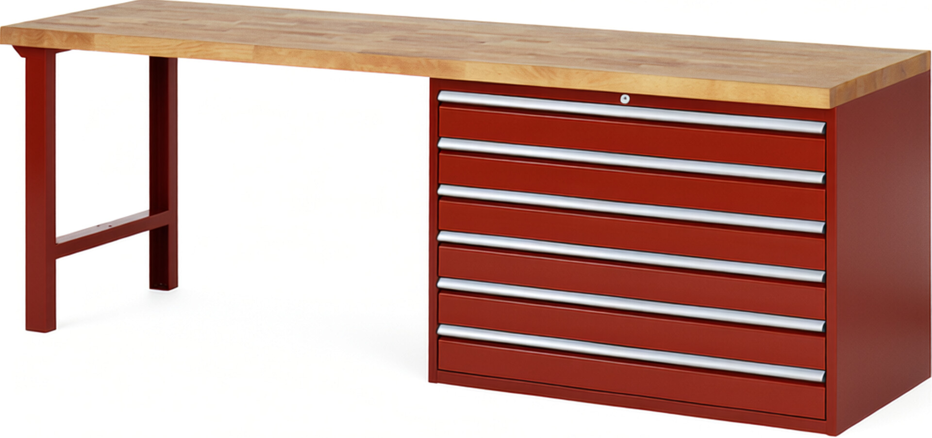 RAU Werkbank rot - Breite 250 cm - Tiefe 70 cm - Höhe 84 cm - Buche-Massiv Arbeitsplatte 40 mm