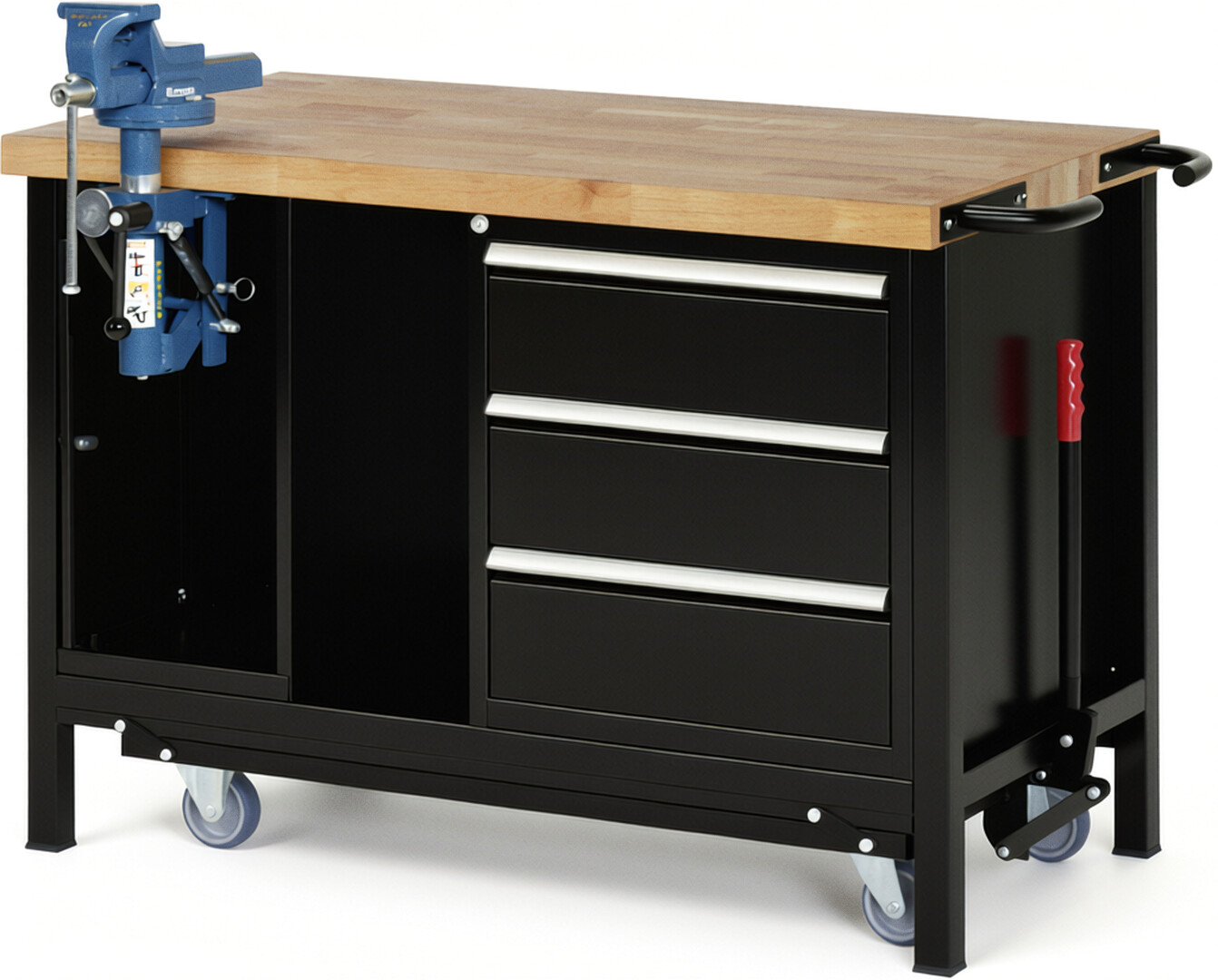 RAU Werkbank schwarz - Breite 125 cm - Tiefe 70 cm - Höhe 88 cm - Buche-Massiv Arbeitsplatte 40 mm