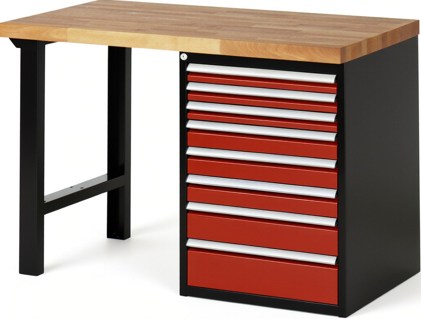 RAU Werkbank schwarz - rot - Breite 125 cm - Tiefe 70 cm - Höhe 89 cm - Buche-Massiv Arbeitsplatte 40 mm