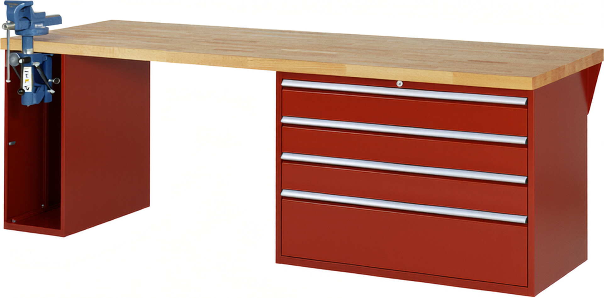 RAU Werkbank rot - Breite 250 cm - Tiefe 90 cm - Höhe 89 cm - Buche-Massiv Arbeitsplatte 40 mm