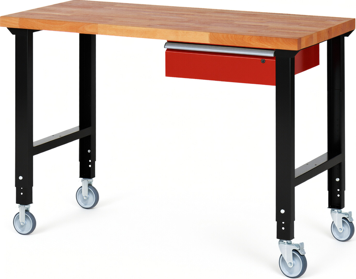 Fahrbare Werkbank Modell 7001 schwarz-rot, BxTxH 1500x700x950-1000 mm,  Buche-Massiv Arbeitsplatte 40 mm,  1 Schublade mit  Auszug 90 %