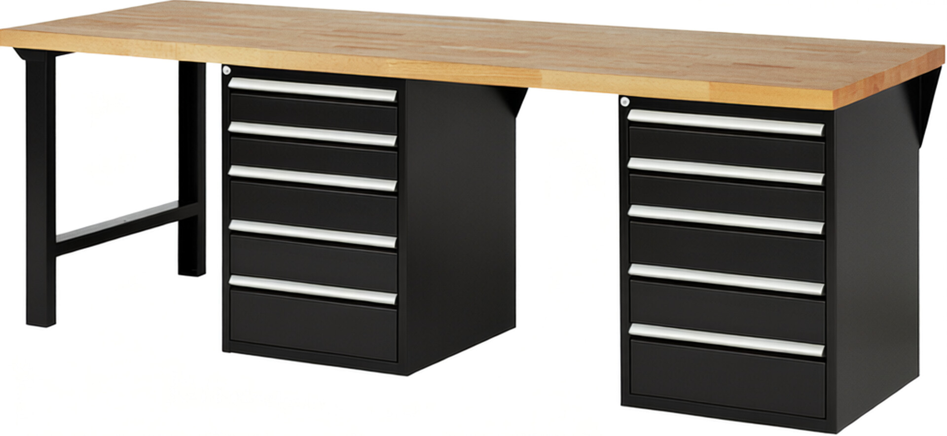 Werkbank Modell 7513 schwarz, BxTxH 2500x900x840 mm,  Buche-Massiv Arbeitsplatte 40 mm,  10 Schubladen mit  Auszug 90 %