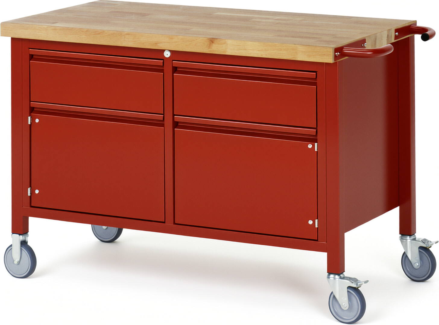 Fahrbare Werkbank - Modell 8466 BASIC rot, BxTxH 1250x700x880 mm,  Buche-Massiv Arbeitsplatte 40 mm,  2 Schubladen mit  Auszug 90 %