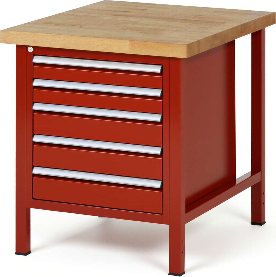 Werkbank Modell 8171 rot, BxTxH 750x900x840-1040 mm,  Buche-Massiv Arbeitsplatte 40 mm,  5 Schubladen mit  Vollauszug 100 % und  SoftClosing