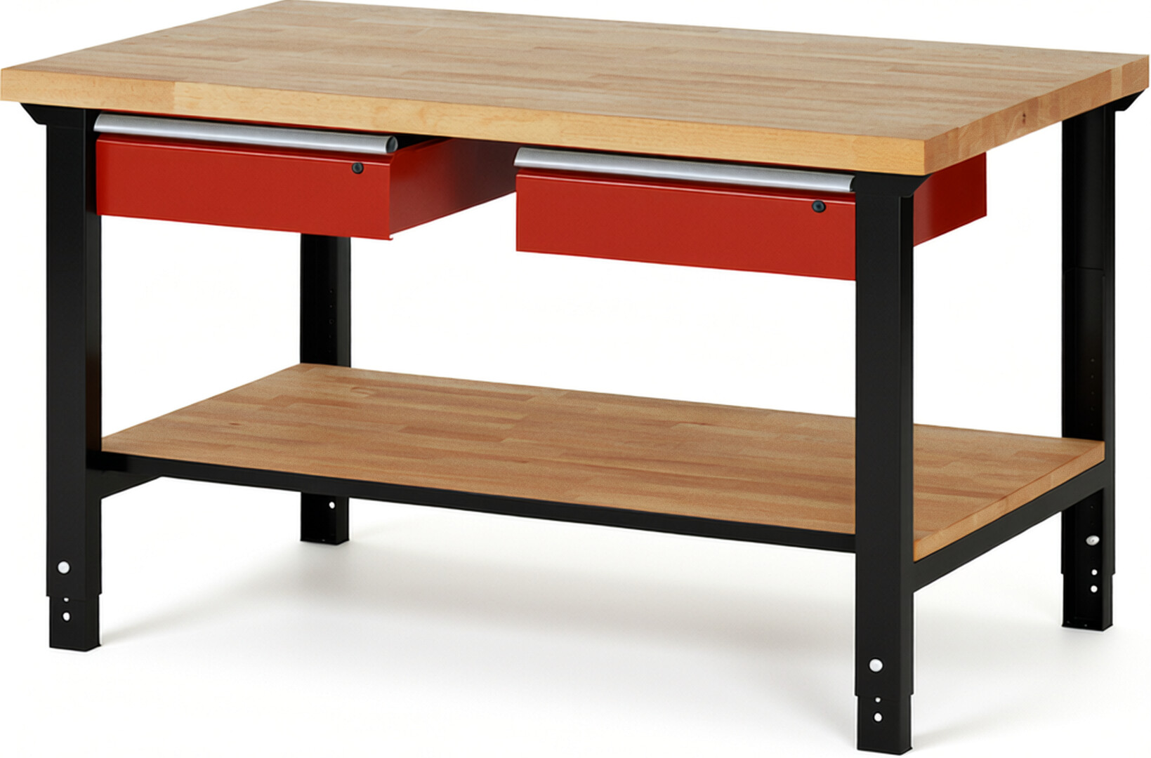 RAU Werkbank schwarz - rot - Breite 150 cm - Tiefe 90 cm - Höhe 114 cm - Buche-Massiv Arbeitsplatte 40 mm