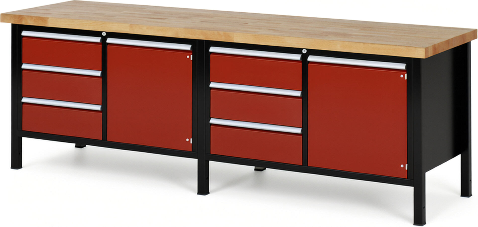 RAU Werkbank schwarz - rot - Breite 250 cm - Tiefe 70 cm - Höhe 104 cm - Buche-Massiv Arbeitsplatte 40 mm