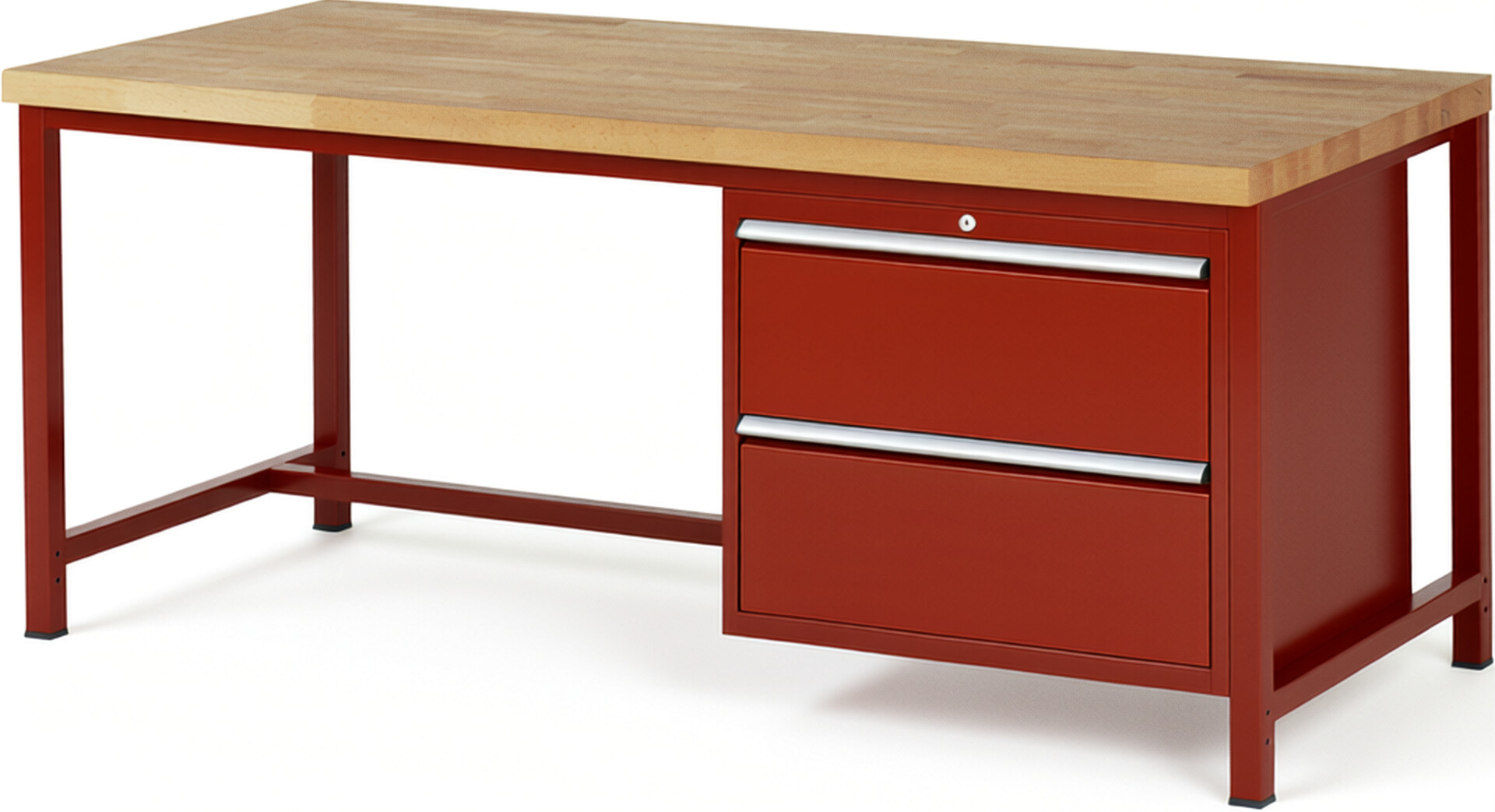 Werkbank Modell 8255 rot, BxTxH 2000x900x840 mm,  Buche-Massiv Arbeitsplatte 40 mm,  2 Schubladen mit  Auszug 90 %