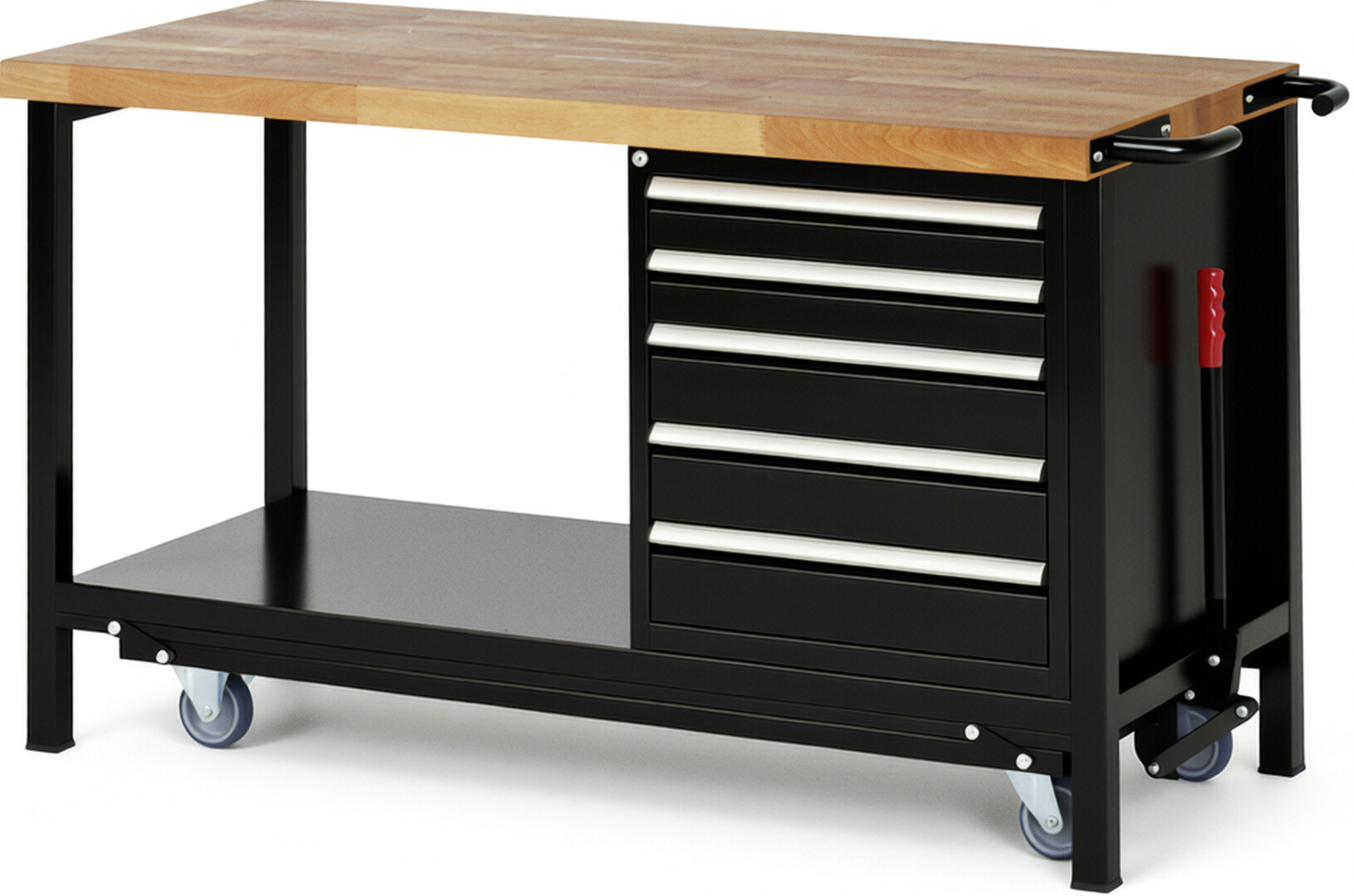 Absenkbare Werkbank Modell 8171 schwarz, BxTxH 1500x700x880 mm,  Buche-Massiv Arbeitsplatte 40 mm,  5 Schubladen mit  Auszug 90 %