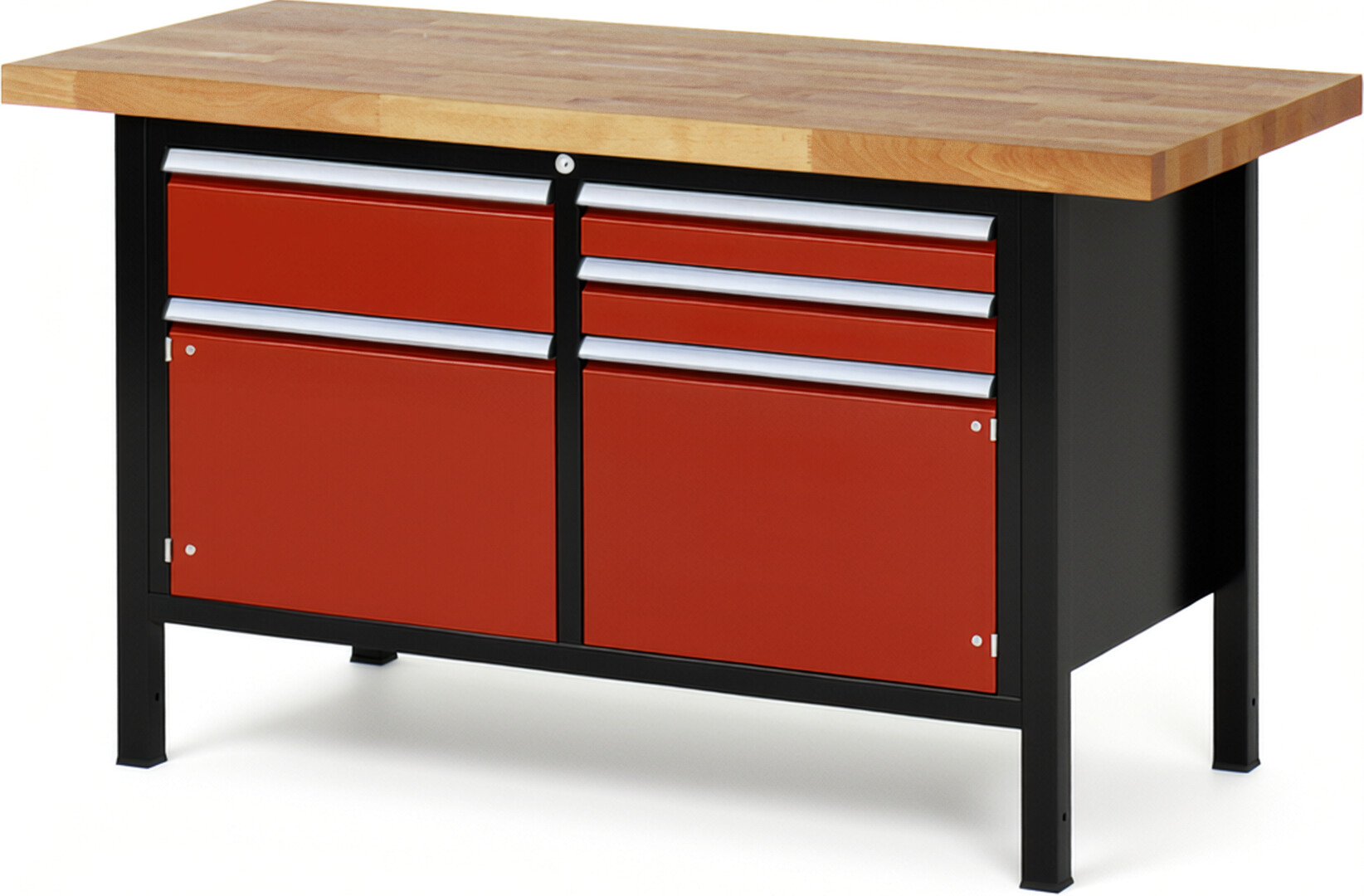 RAU Werkbank schwarz - rot - Breite 150 cm - Tiefe 70 cm - Höhe 104 cm - Buche-Massiv Arbeitsplatte 40 mm