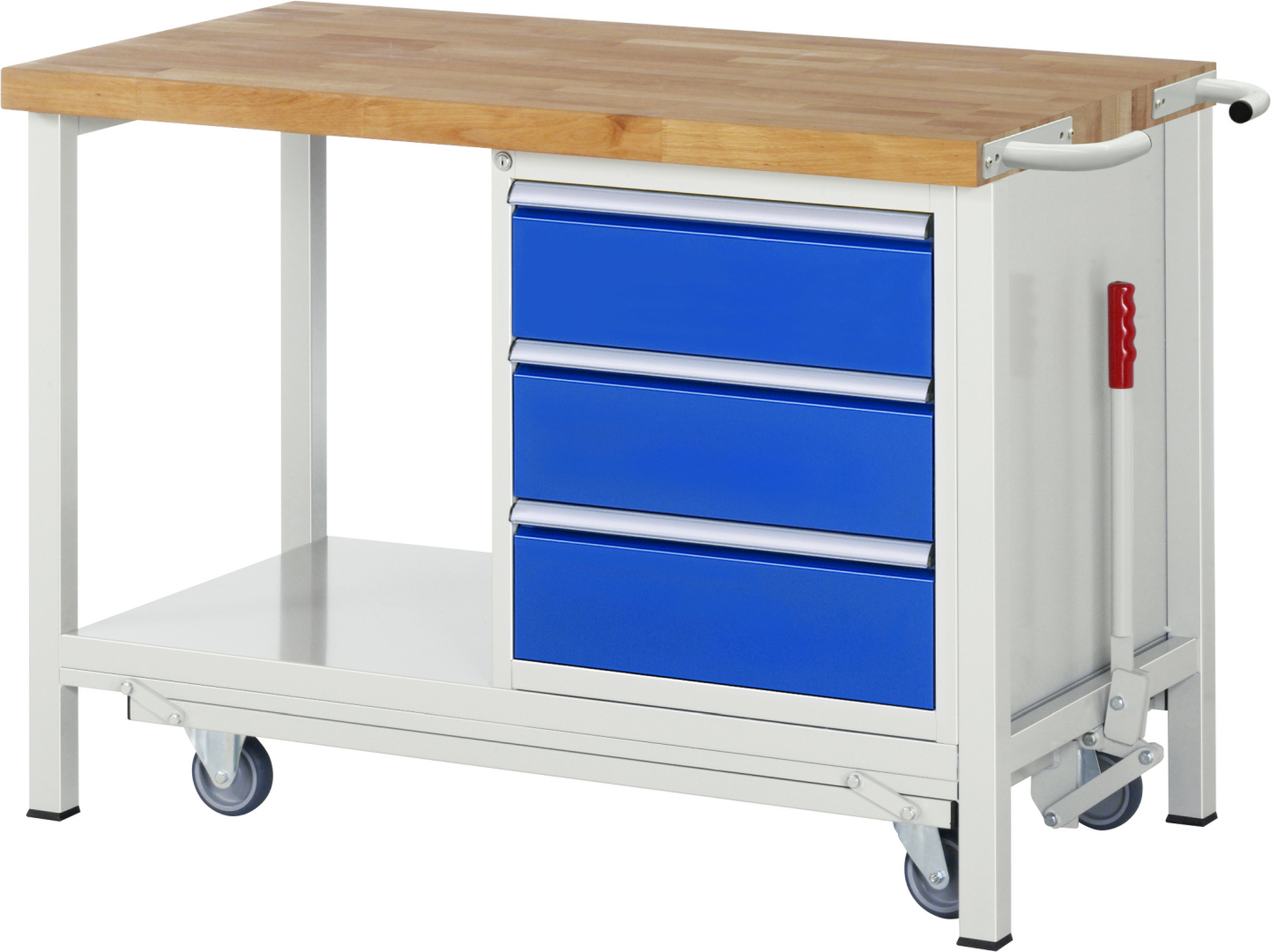 Absenkbare Werkbank Modell 8157 rot - schwarz, BxTxH 1250x700x880 mm,  Buche-Massiv Arbeitsplatte 40 mm,  3 Schubladen mit  Vollauszug 100 % und  SoftClosing