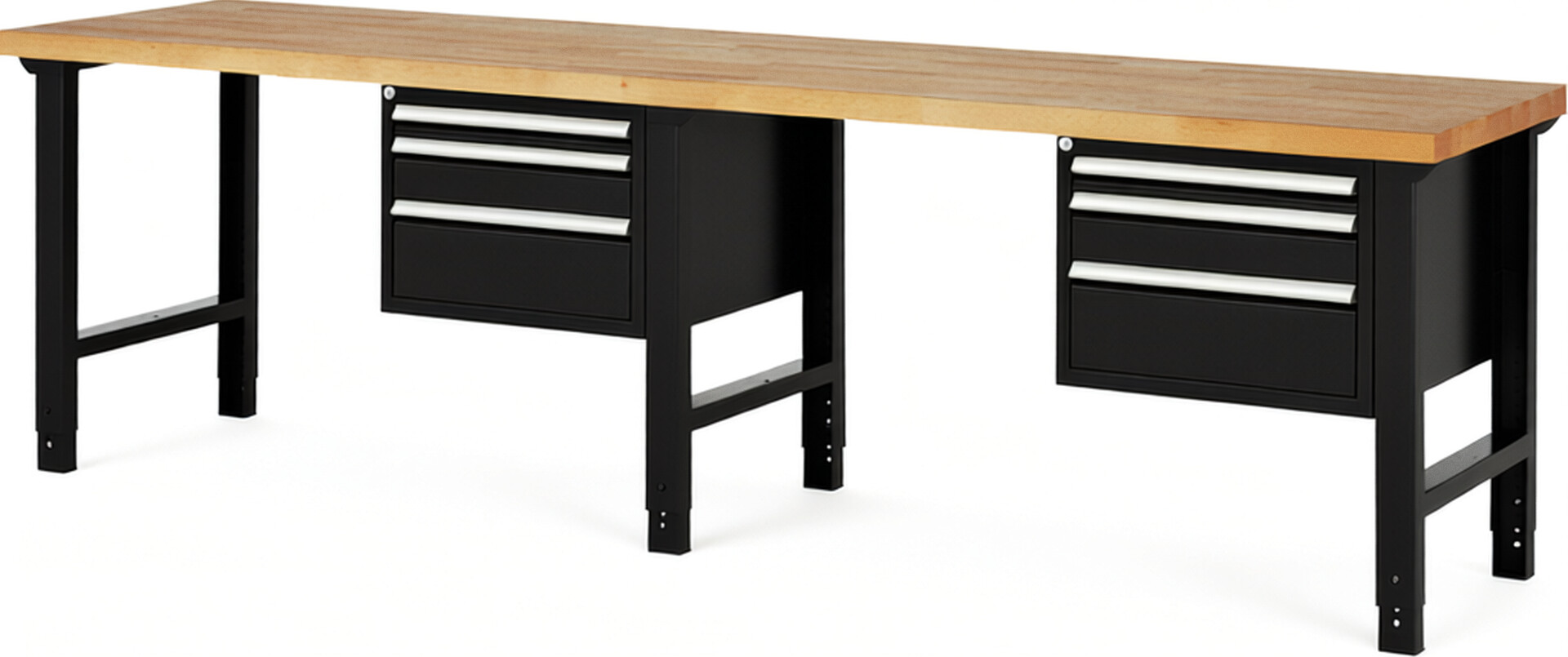 Werkbank Modell 7126 schwarz, BxTxH 3000x700x790-1140 mm,  Buche-Massiv Arbeitsplatte 40 mm,  6 Schubladen mit  Auszug 90 %