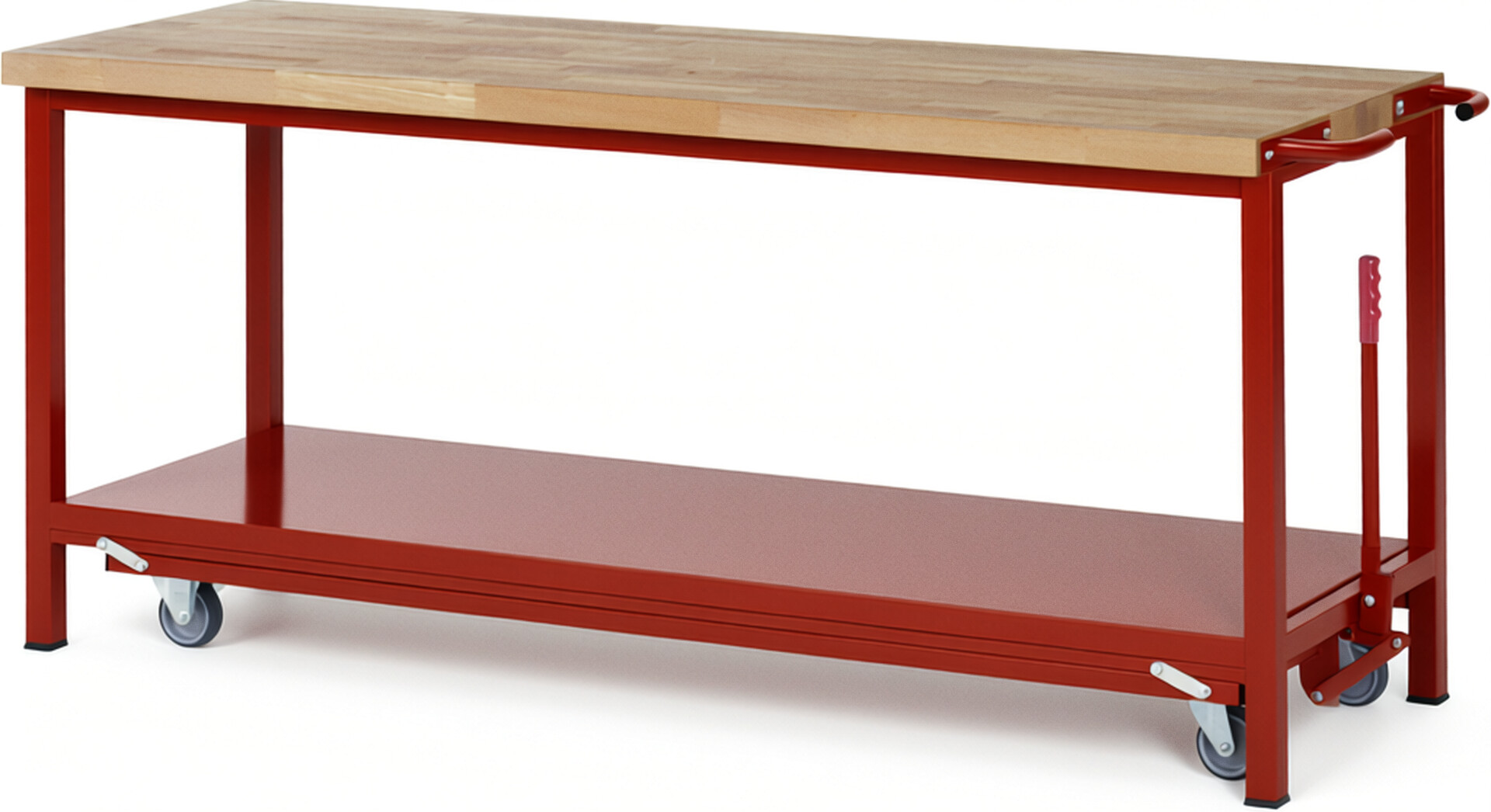 Absenkbare Werkbank - Modell 8000 BASIC rot, BxTxH 2000x700x880 mm,  Buche-Massiv Arbeitsplatte 40 mm