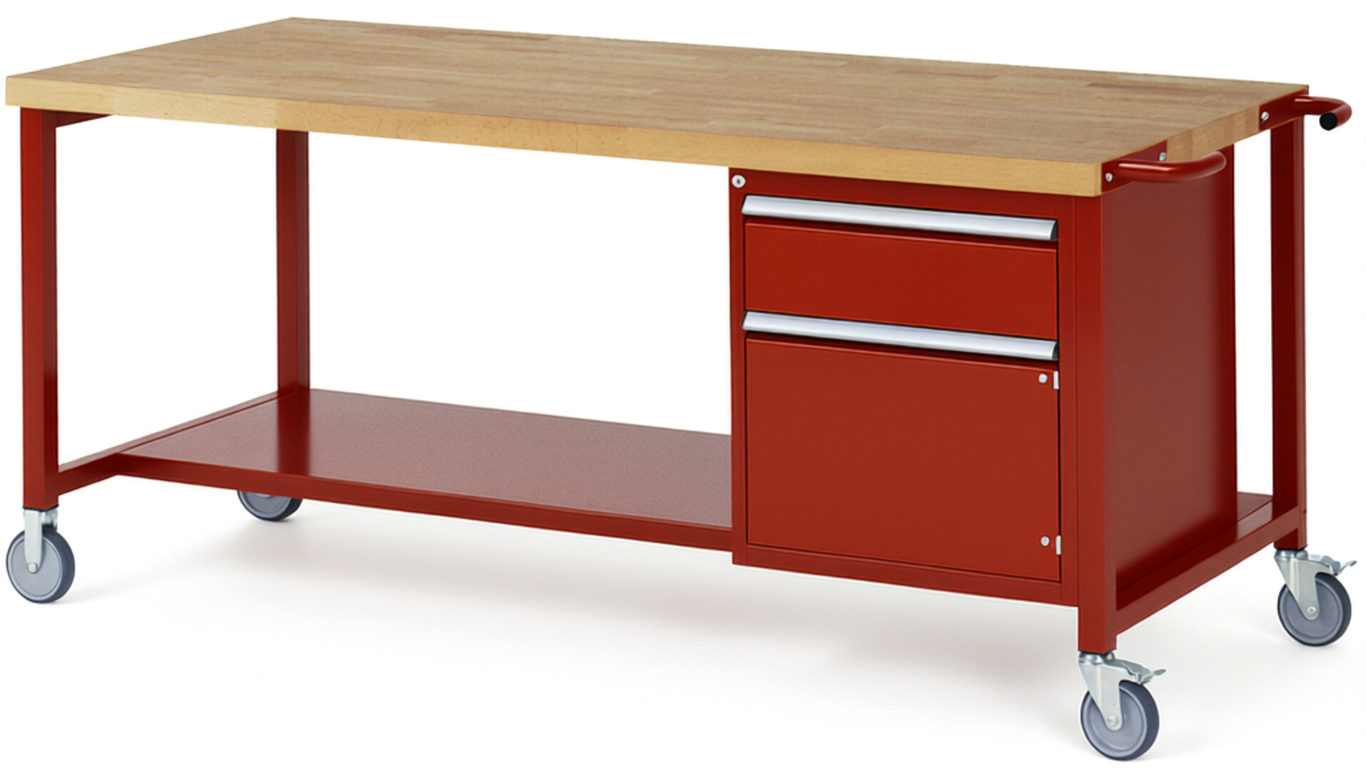 Fahrbare Werkbank Modell 8152 rot, BxTxH 2000x900x880 mm,  Buche-Massiv Arbeitsplatte 40 mm,  1 Schublade mit  Vollauszug 100 % und  SoftClosing