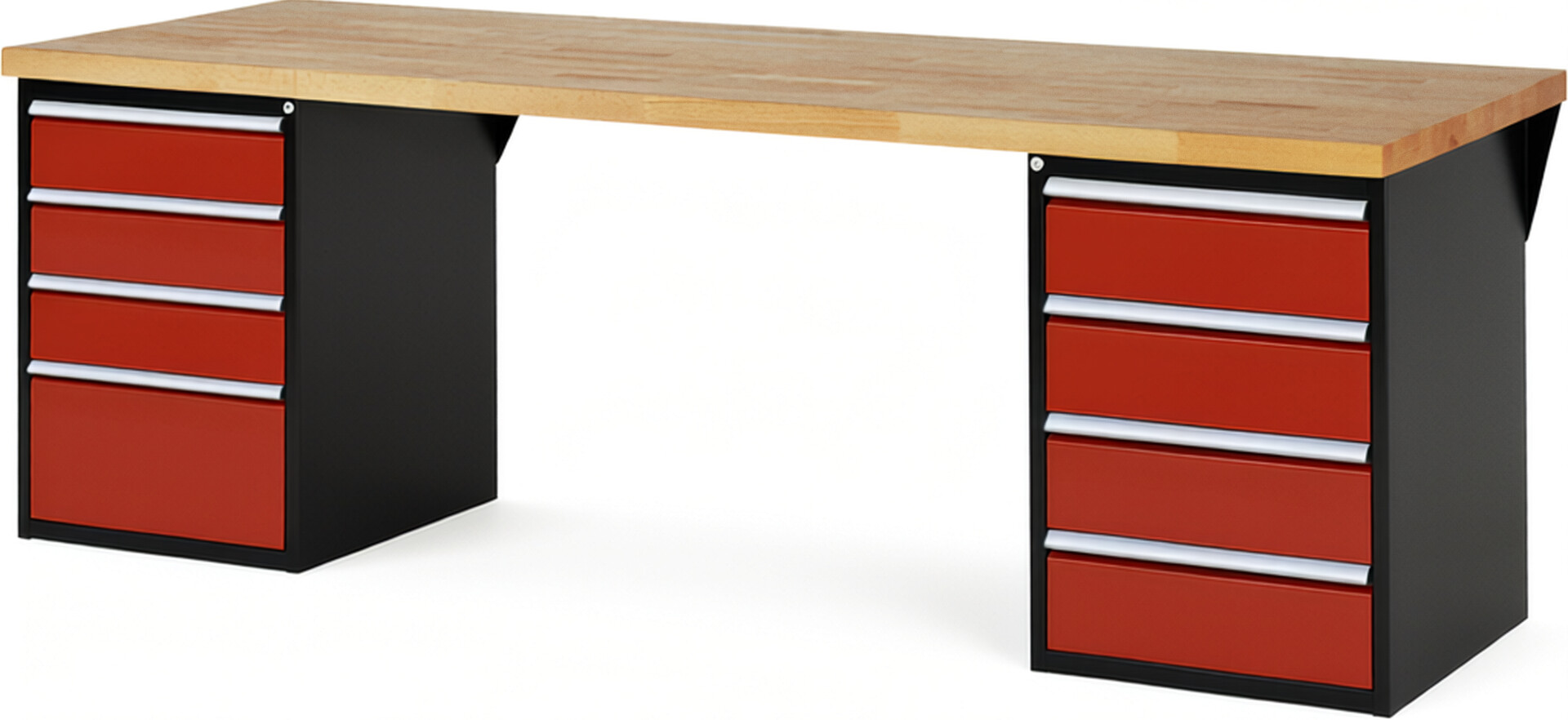 RAU Werkbank schwarz - rot - Breite 250 cm - Tiefe 90 cm - Höhe 89 cm - Buche-Massiv Arbeitsplatte 40 mm