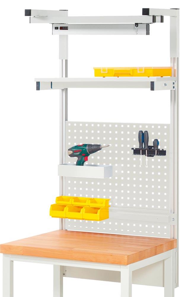 Aufbau für Werkbank B 750 mm mit Auslegerpaar, 2 x Laufschiene, Laufwagen, LED-Leuchte, Lochplatte H 450mm, Halteschiene, RAL 7035