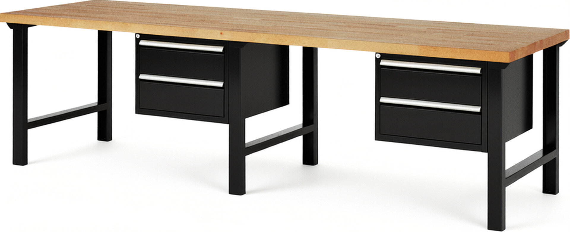 Werkbank Modell 7125 schwarz, BxTxH 3000x900x840 mm,  Buche-Massiv Arbeitsplatte 40 mm,  4 Schubladen mit  Auszug 90 %