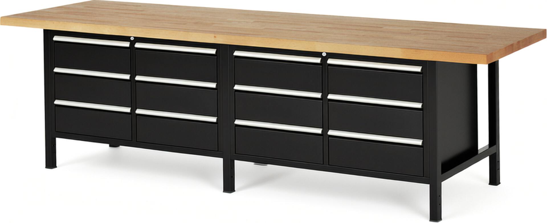 Werkbank Modell 8473 schwarz, BxTxH 3000x900x840 mm,  Buche-Massiv Arbeitsplatte 40 mm,  12 Schubladen mit  Auszug 90 %