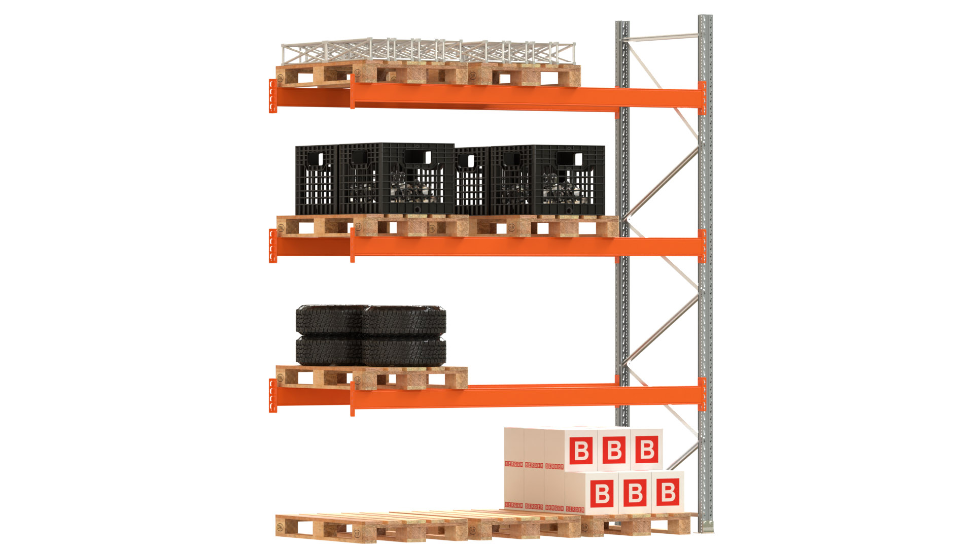Palettenregal ARTUS - Anbaufeld - Breite 278,5 cm - Höhe 350 cm - Tiefe 110 cm - 3 Träger Ebenen