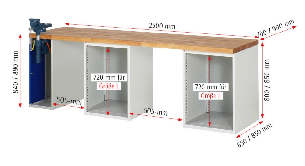 Werkbank Modell 7510,  BxTxH 2500x900x840 mm,  Buche-Massiv Arbeitsplatte 40 mm,  8 Schubladen mit  Auszug 90 %