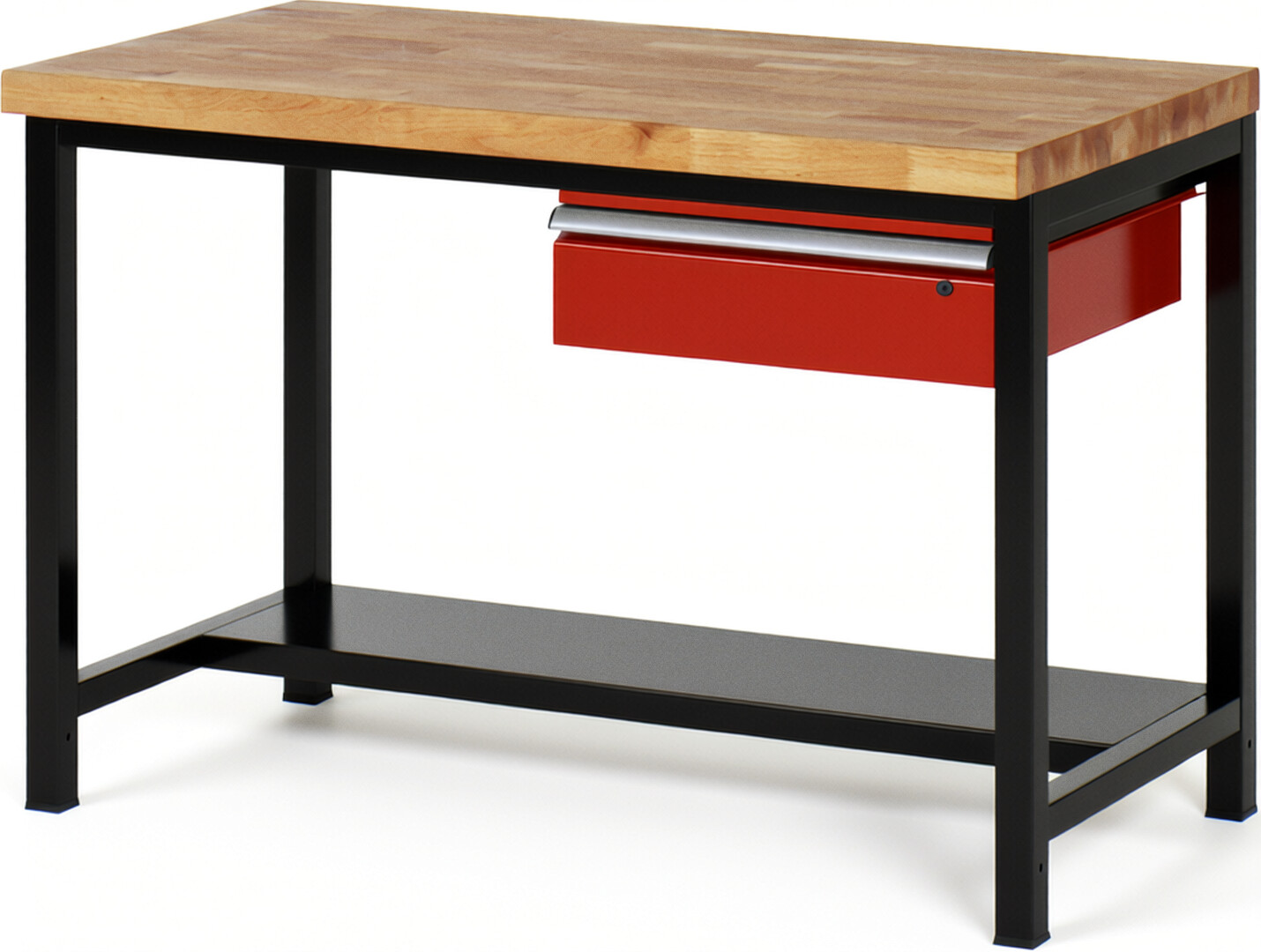 Werkbank Modell 8001 schwarz-rot, BxTxH 1250x900x840 mm,  Buche-Massiv Arbeitsplatte 40 mm,  1 Schublade mit  Auszug 90 %
