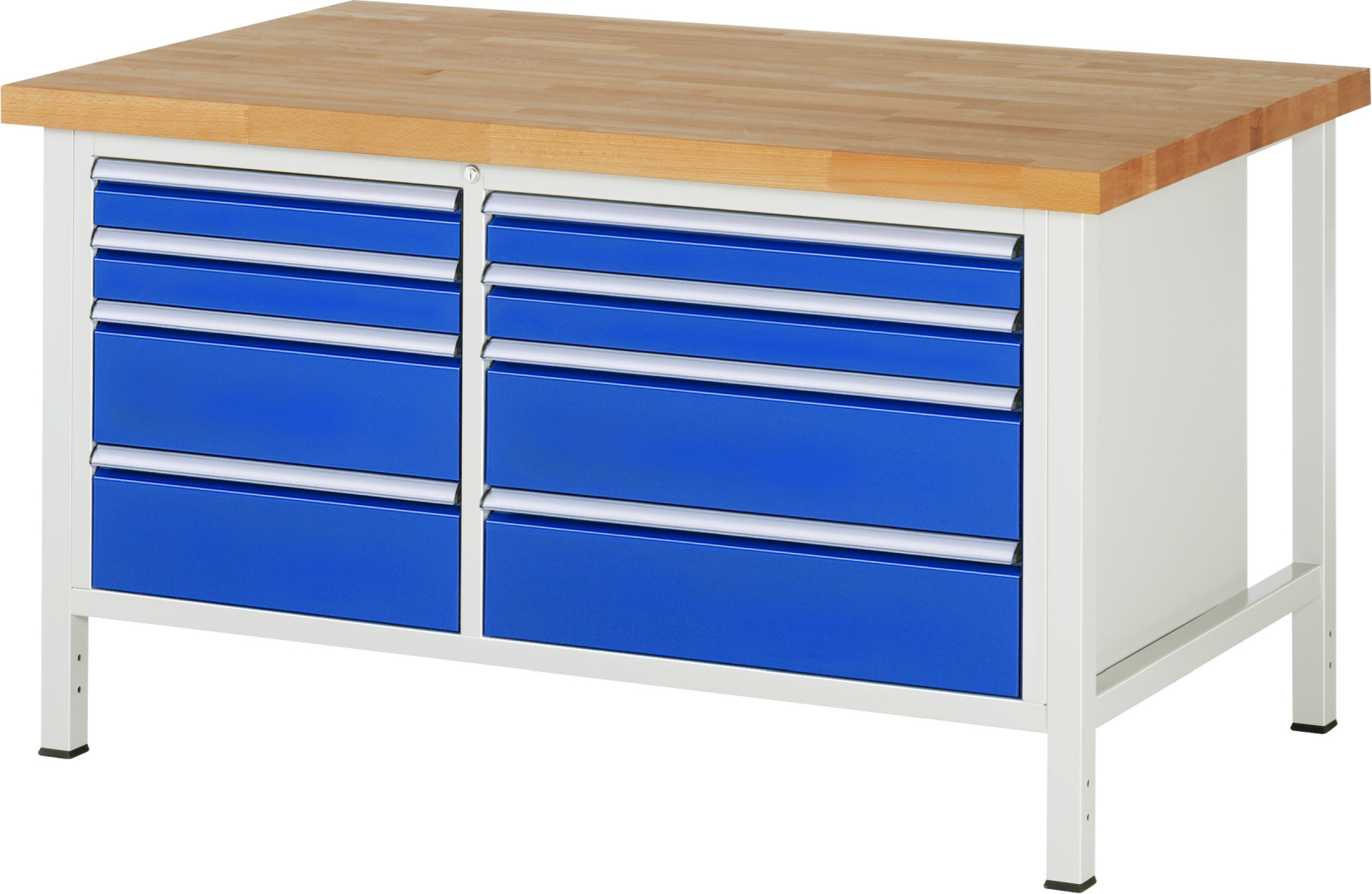 Werkbank Modell 8654 rot, BxTxH 1500x900x840-1040 mm,  Buche-Massiv Arbeitsplatte 40 mm,  8 Schubladen mit  Auszug 90 %