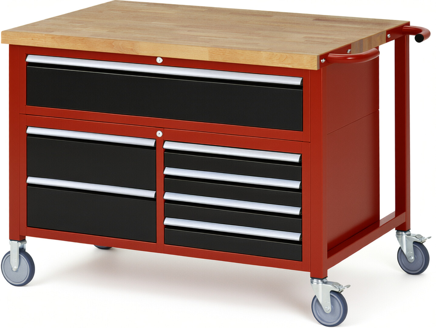 Fahrbare Werkbank Modell 8921 rot - schwarz, BxTxH 1250x900x920-1120 mm,  Buche-Massiv Arbeitsplatte 40 mm,  7 Schubladen mit  Auszug 90 %