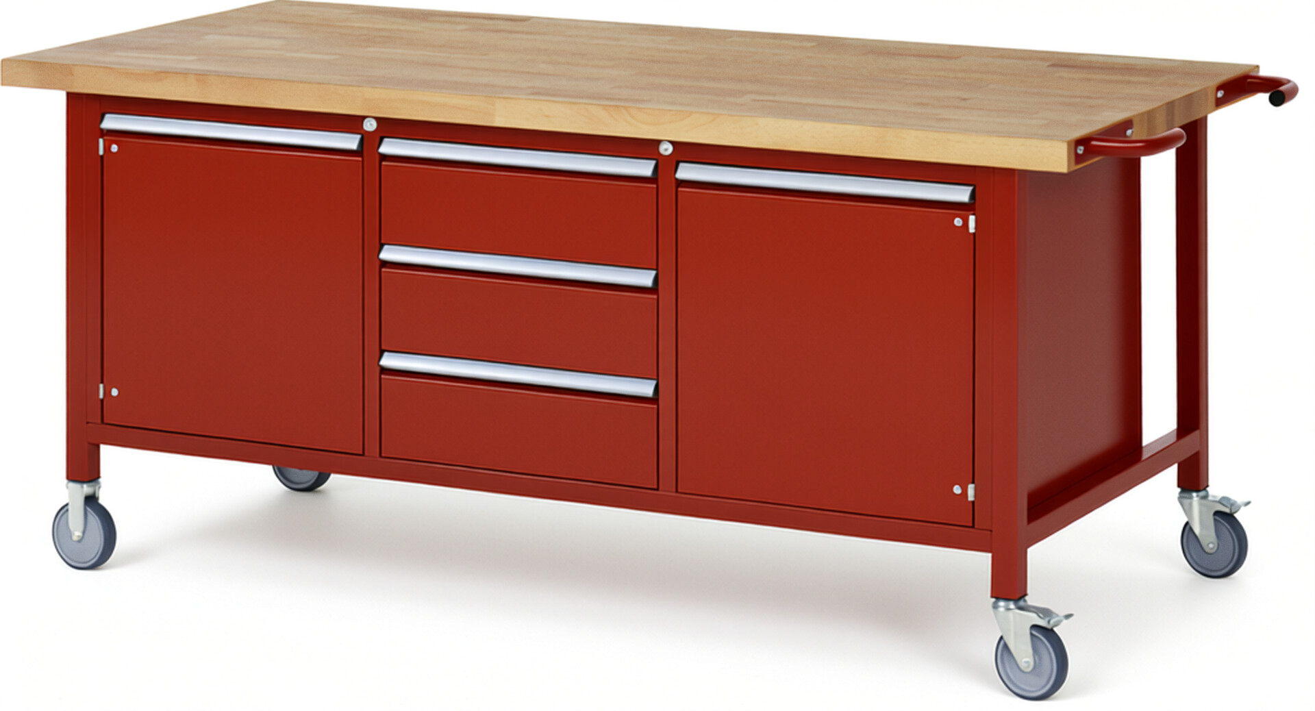 Fahrbare Werkbank Modell 8569 rot, BxTxH 2000x900x880 mm,  Buche-Massiv Arbeitsplatte 40 mm,  3 Schubladen mit  Vollauszug 100 % und  SoftClosing