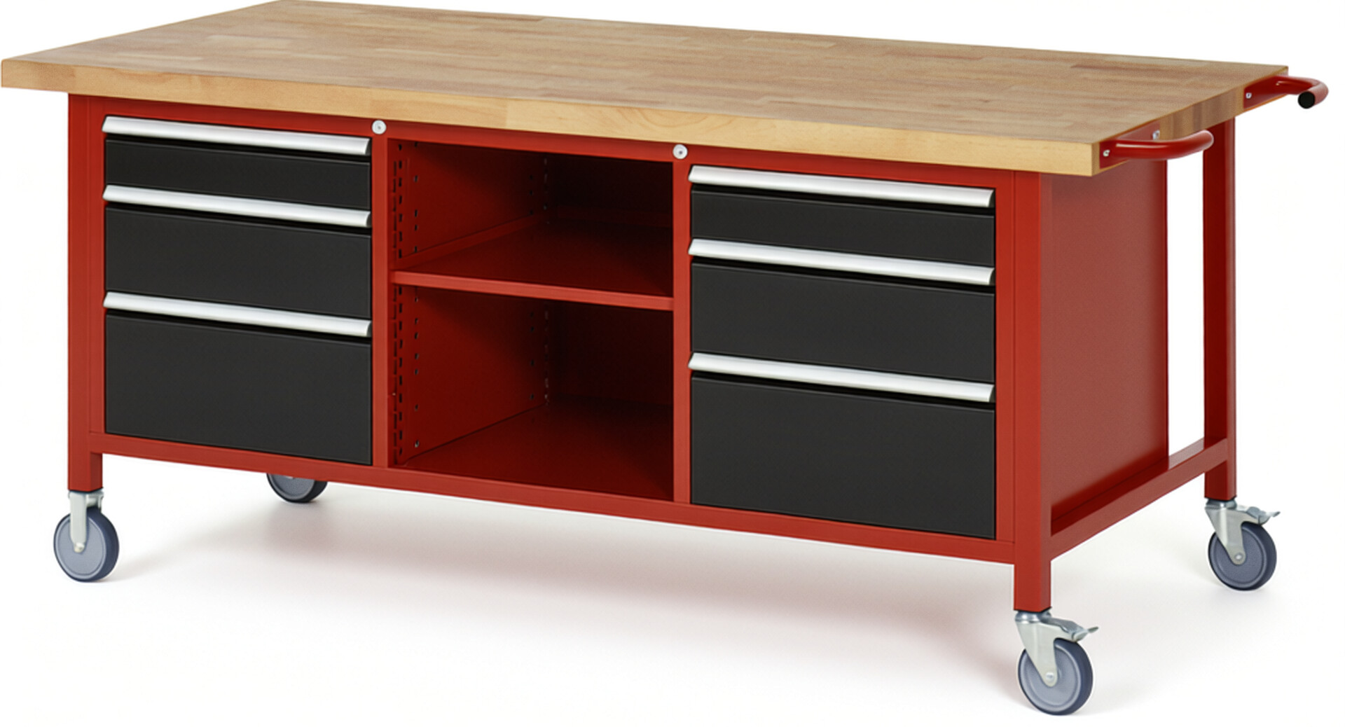 Fahrbare Werkbank Modell 8564 rot - schwarz, BxTxH 2000x900x880-1080 mm,  Buche-Massiv Arbeitsplatte 40 mm,  6 Schubladen mit  Vollauszug 100 % und  SoftClosing