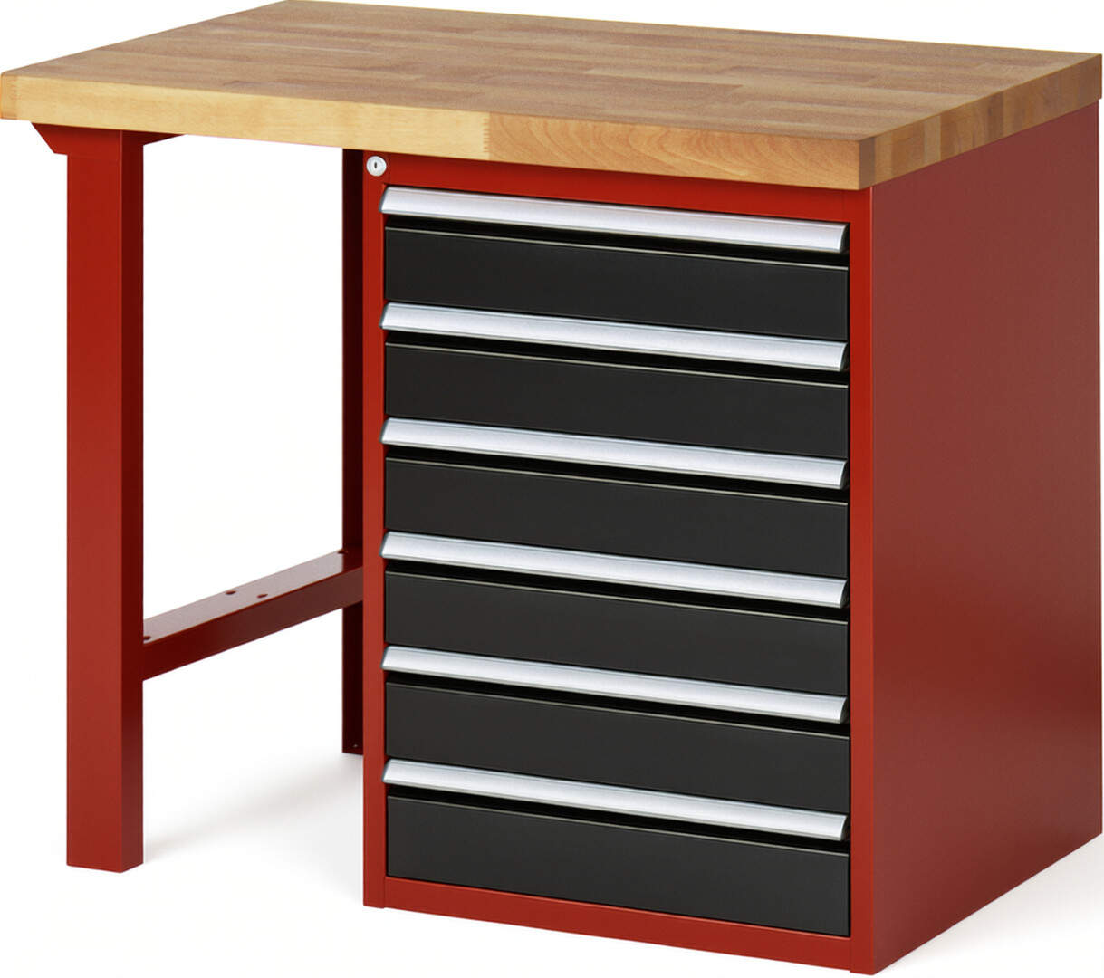 Werkbank Modell 7516 rot - schwarz, BxTxH 1000x700x890 mm,  Buche-Massiv Arbeitsplatte 40 mm,  6 Schubladen mit  Auszug 90 %