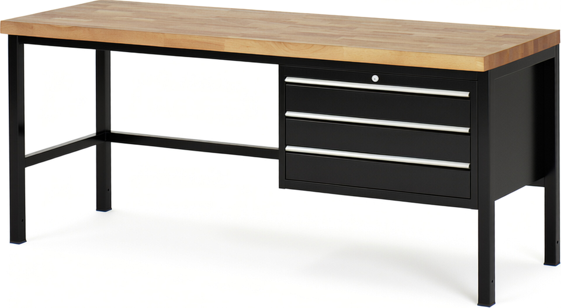 Werkbank Modell 8227 schwarz, BxTxH 2000x700x840 mm,  Buche-Massiv Arbeitsplatte 40 mm,  3 Schubladen mit  Auszug 90 %