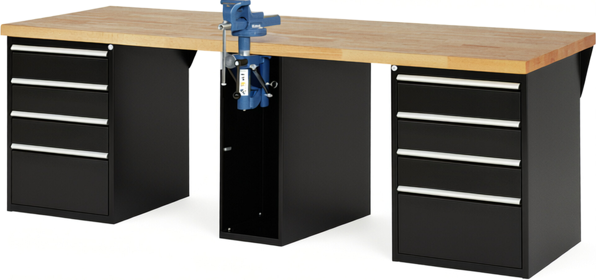 RAU Werkbank schwarz - Breite 250 cm - Tiefe 90 cm - Höhe 89 cm - Buche-Massiv Arbeitsplatte 40 mm