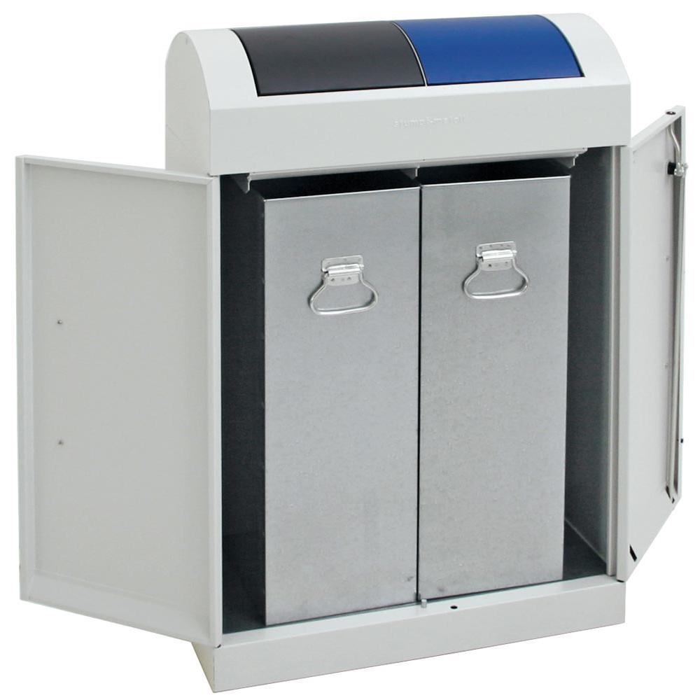 Wertstoffsammelstation, Volumen 2x45 Liter, BxTxH 620x320x975 mm, Korpus RAL 7035 lichtgrau, Schwingdeckel blau + anthrazit