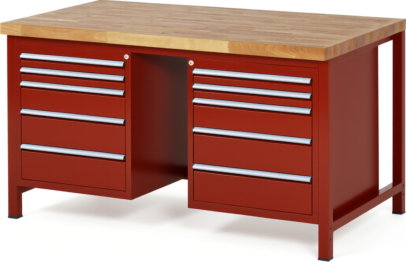 RAU Werkbank rot - Breite 150 cm - Tiefe 90 cm - Höhe 104 cm - Buche-Massiv Arbeitsplatte 40 mm