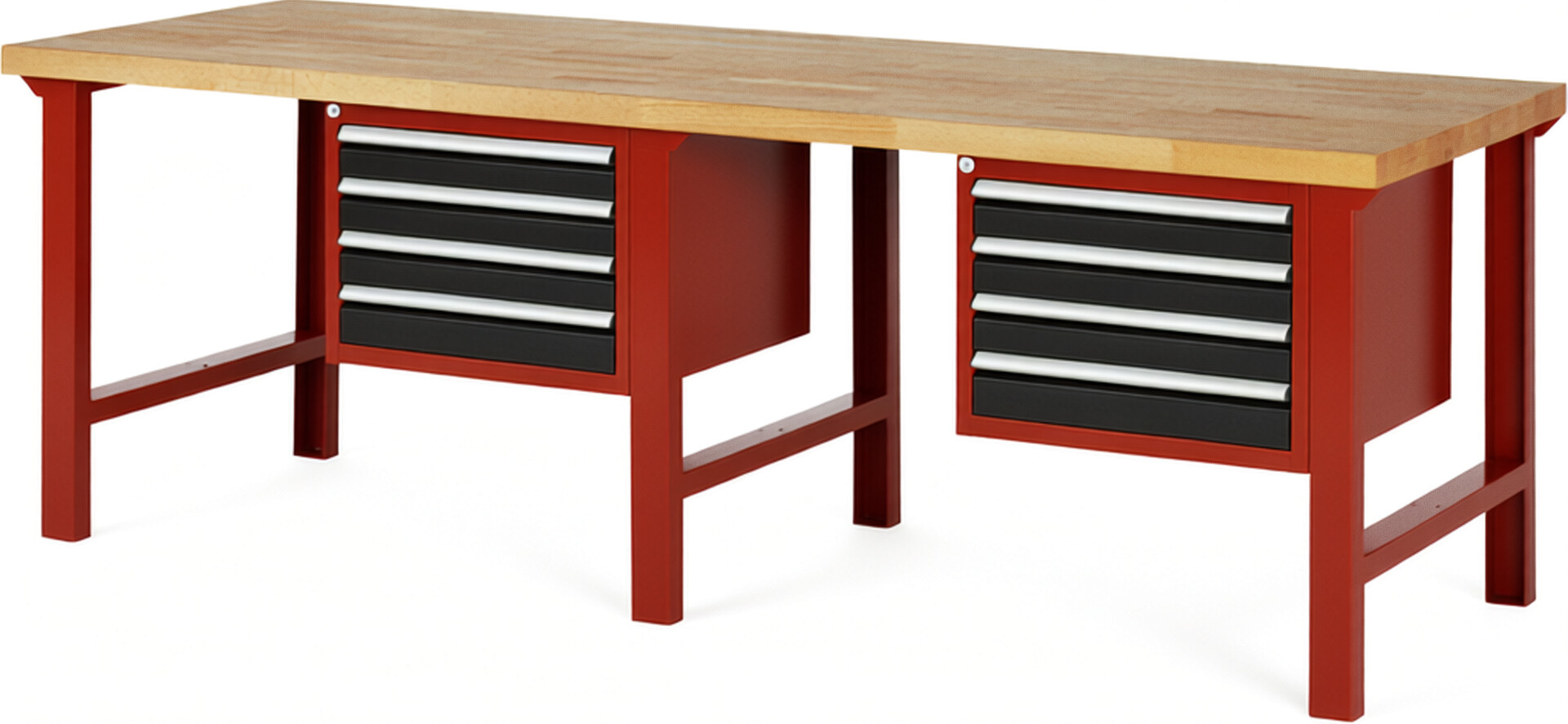 Werkbank Modell 7133 rot - schwarz, BxTxH 2500x900x840 mm,  Buche-Massiv Arbeitsplatte 40 mm,  8 Schubladen mit  Vollauszug 100 % und  SoftClosing