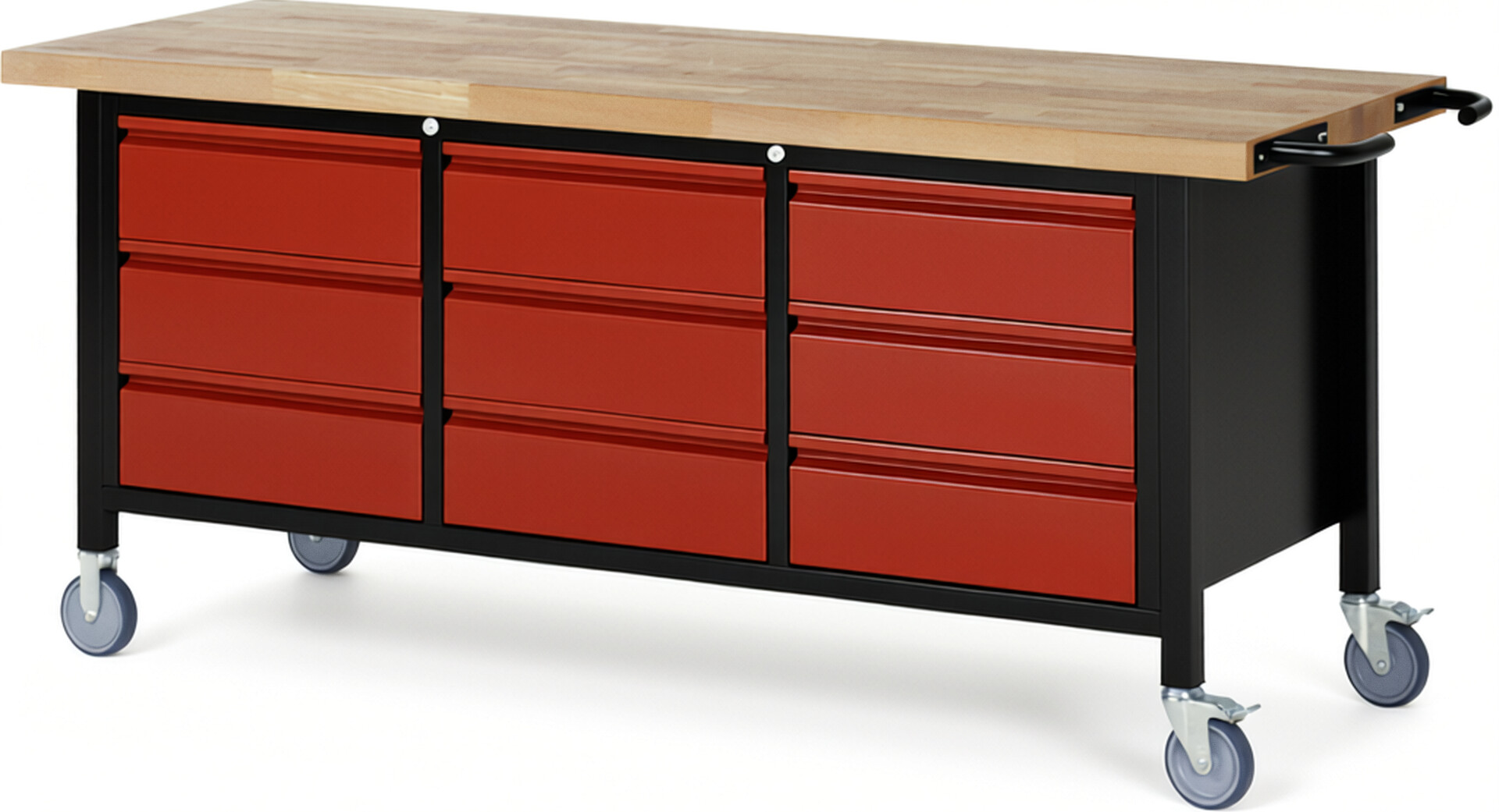 RAU Werkbank schwarz - rot - Breite 200 cm - Tiefe 70 cm - Höhe 88 cm - Buche-Massiv Arbeitsplatte 40 mm