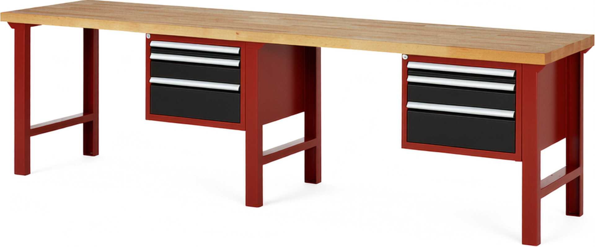 RAU Werkbank rot - schwarz - Breite 300 cm - Tiefe 70 cm - Höhe 84 cm - Buche-Massiv Arbeitsplatte 40 mm